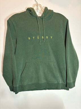 Stussy Forest Green Yellow Spellout Logo Pullover Hoodie